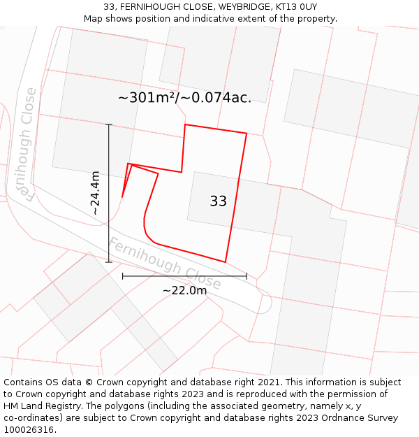 33, FERNIHOUGH CLOSE, WEYBRIDGE, KT13 0UY: Plot and title map