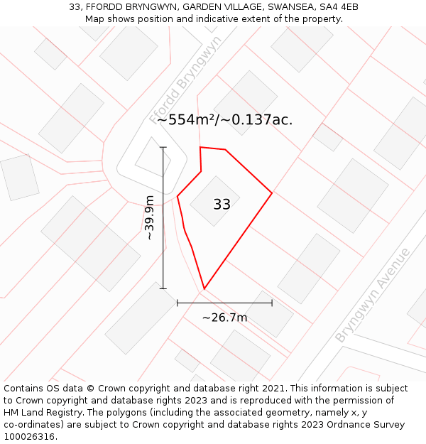 33, FFORDD BRYNGWYN, GARDEN VILLAGE, SWANSEA, SA4 4EB: Plot and title map