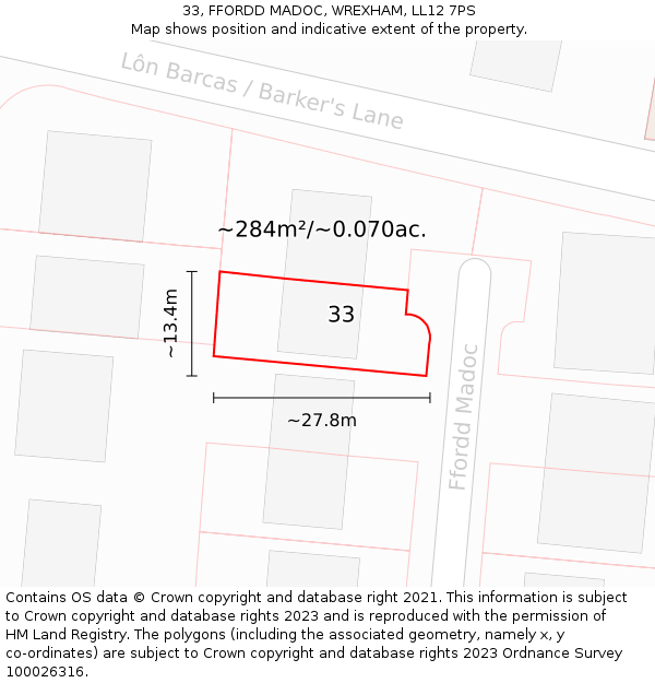 33, FFORDD MADOC, WREXHAM, LL12 7PS: Plot and title map