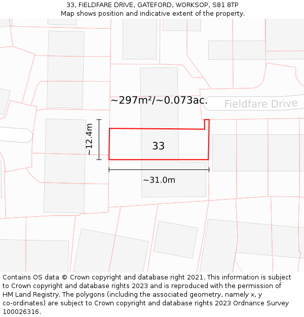 33, FIELDFARE DRIVE, GATEFORD, WORKSOP, S81 8TP: Plot and title map