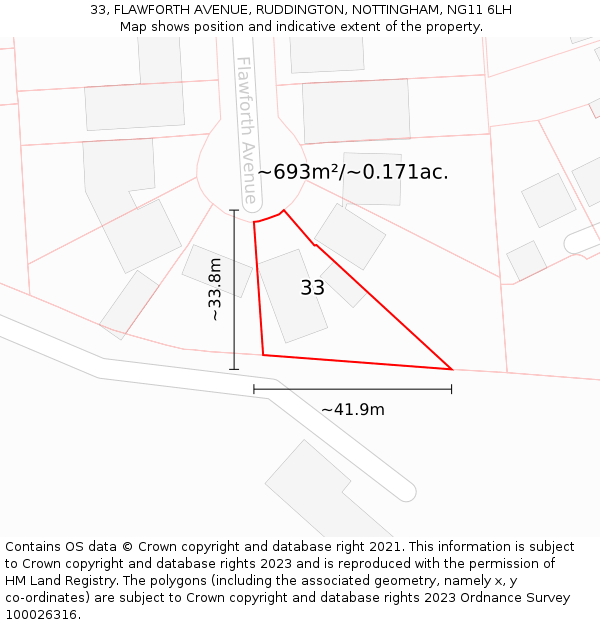 33, FLAWFORTH AVENUE, RUDDINGTON, NOTTINGHAM, NG11 6LH: Plot and title map