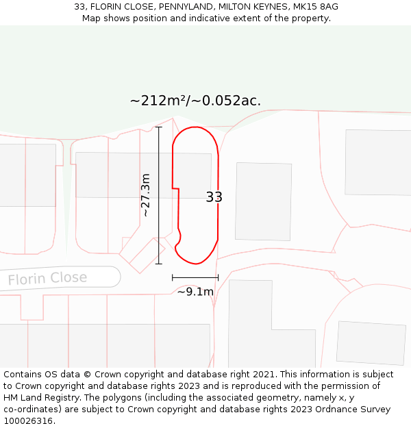 33, FLORIN CLOSE, PENNYLAND, MILTON KEYNES, MK15 8AG: Plot and title map