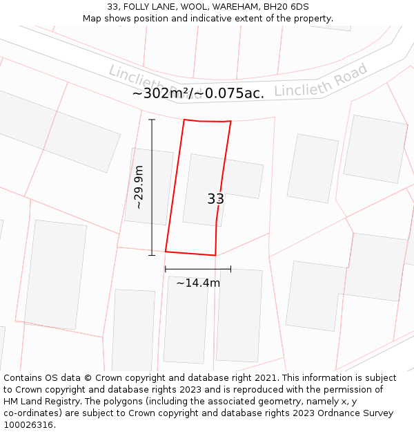 33, FOLLY LANE, WOOL, WAREHAM, BH20 6DS: Plot and title map