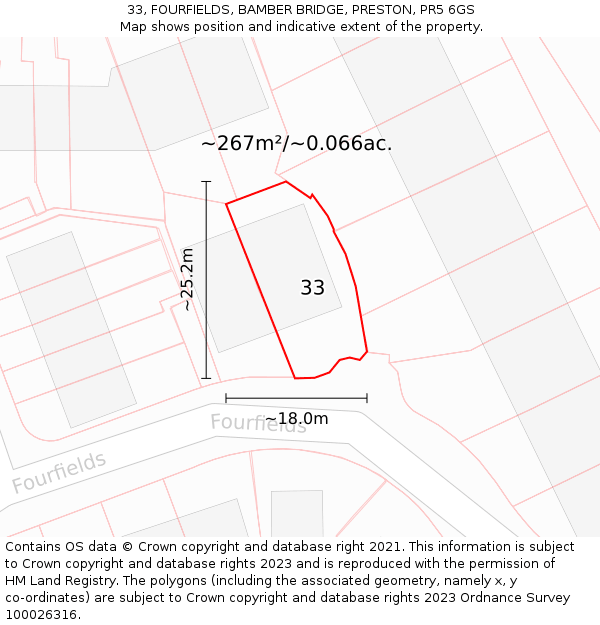 33, FOURFIELDS, BAMBER BRIDGE, PRESTON, PR5 6GS: Plot and title map