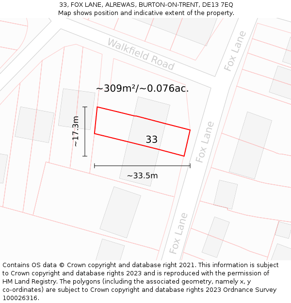 33, FOX LANE, ALREWAS, BURTON-ON-TRENT, DE13 7EQ: Plot and title map