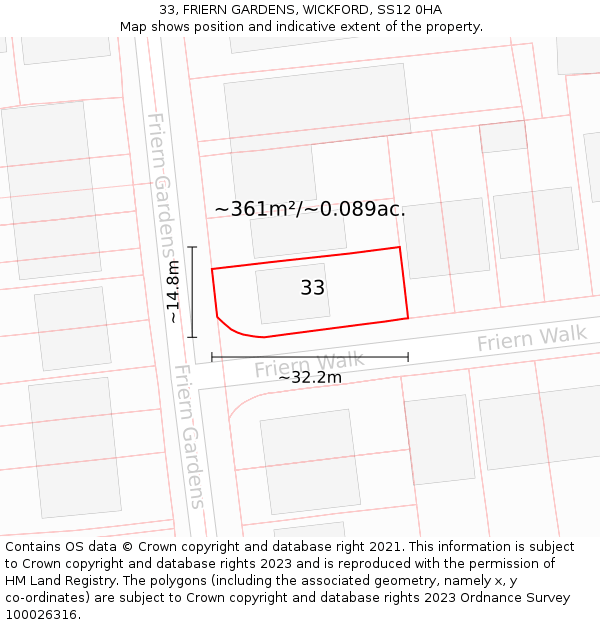 33, FRIERN GARDENS, WICKFORD, SS12 0HA: Plot and title map