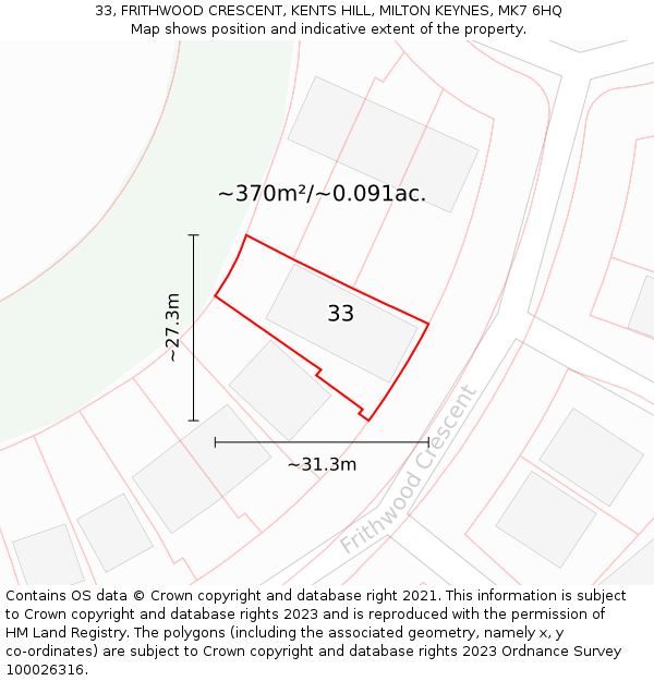 33, FRITHWOOD CRESCENT, KENTS HILL, MILTON KEYNES, MK7 6HQ: Plot and title map