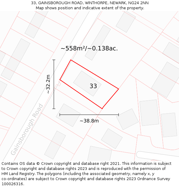 33, GAINSBOROUGH ROAD, WINTHORPE, NEWARK, NG24 2NN: Plot and title map