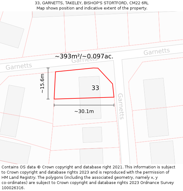 33, GARNETTS, TAKELEY, BISHOP'S STORTFORD, CM22 6RL: Plot and title map