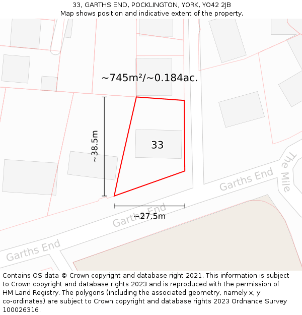 33, GARTHS END, POCKLINGTON, YORK, YO42 2JB: Plot and title map