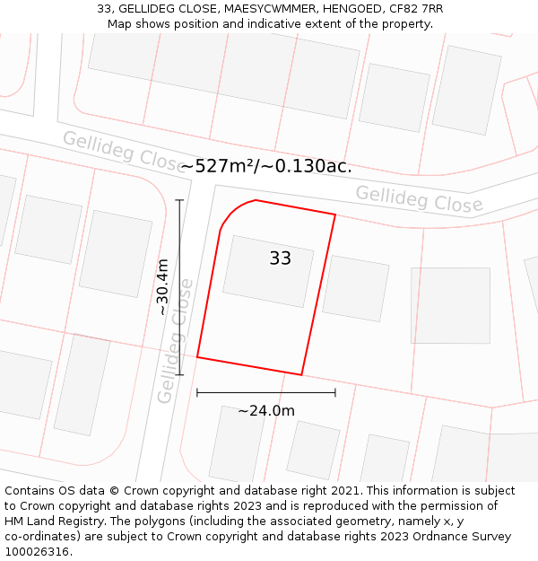 33, GELLIDEG CLOSE, MAESYCWMMER, HENGOED, CF82 7RR: Plot and title map