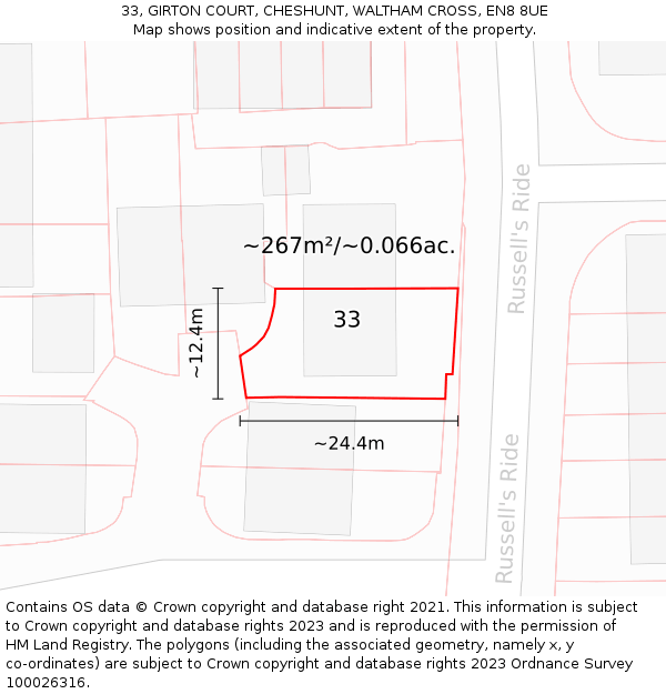 33, GIRTON COURT, CHESHUNT, WALTHAM CROSS, EN8 8UE: Plot and title map