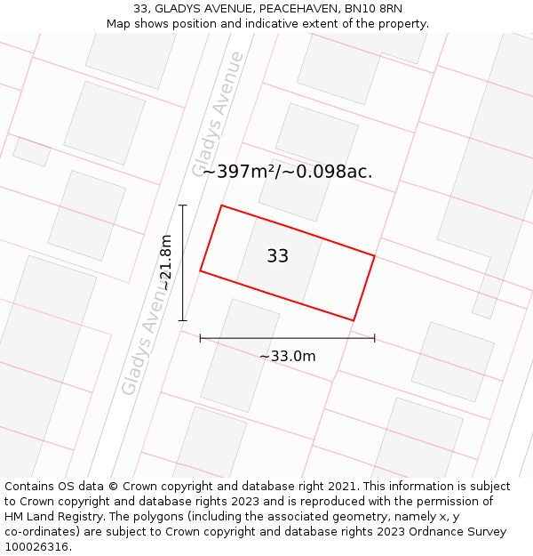 33, GLADYS AVENUE, PEACEHAVEN, BN10 8RN: Plot and title map