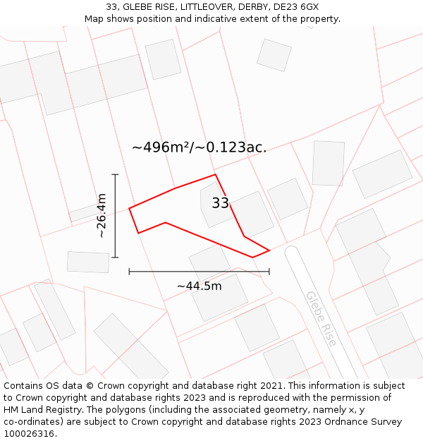 33, GLEBE RISE, LITTLEOVER, DERBY, DE23 6GX: Plot and title map