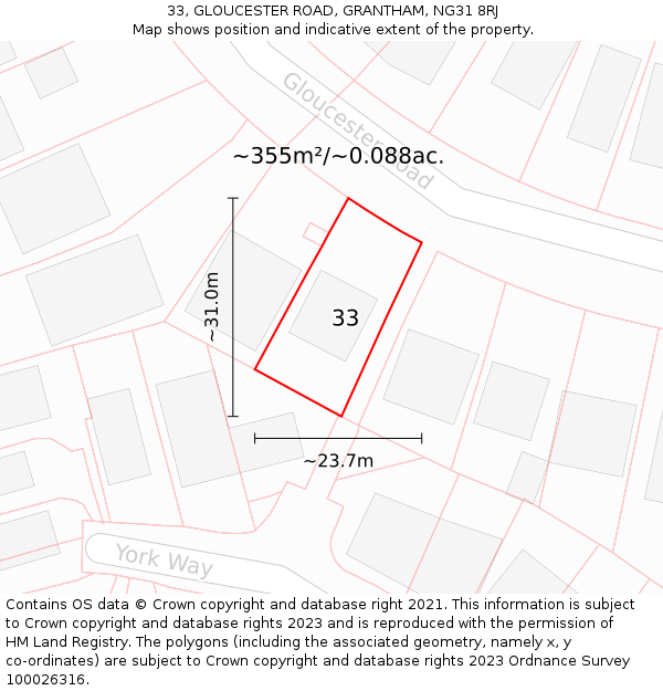 33, GLOUCESTER ROAD, GRANTHAM, NG31 8RJ: Plot and title map