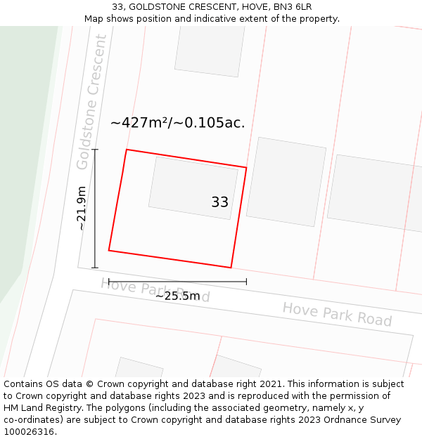 33, GOLDSTONE CRESCENT, HOVE, BN3 6LR: Plot and title map