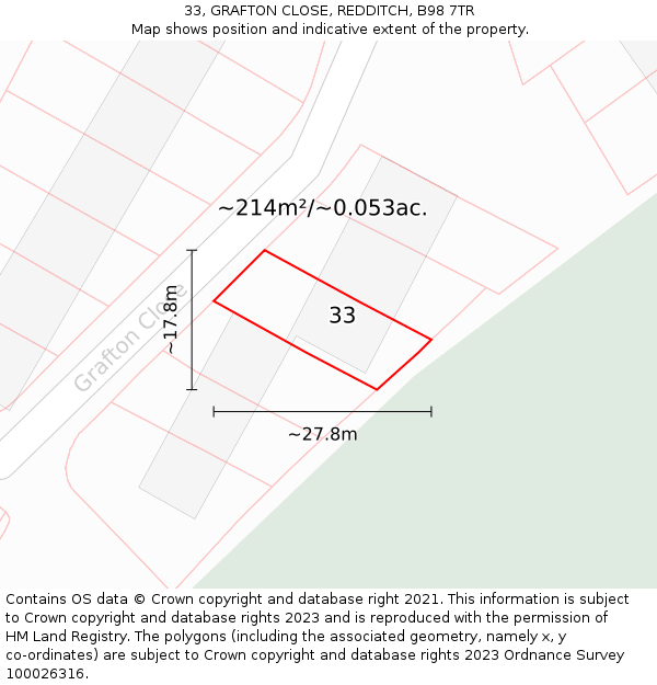 33, GRAFTON CLOSE, REDDITCH, B98 7TR: Plot and title map