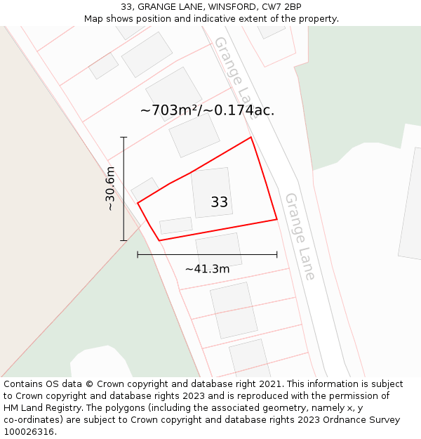 33, GRANGE LANE, WINSFORD, CW7 2BP: Plot and title map