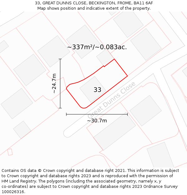 33, GREAT DUNNS CLOSE, BECKINGTON, FROME, BA11 6AF: Plot and title map