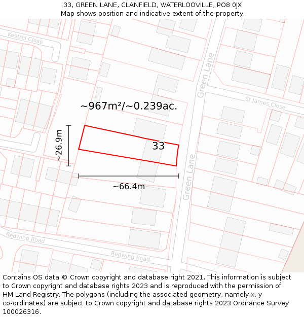 33, GREEN LANE, CLANFIELD, WATERLOOVILLE, PO8 0JX: Plot and title map