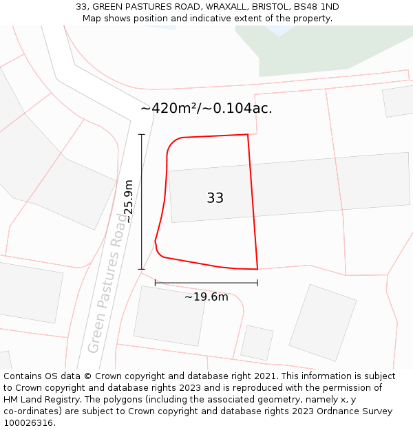 33, GREEN PASTURES ROAD, WRAXALL, BRISTOL, BS48 1ND: Plot and title map