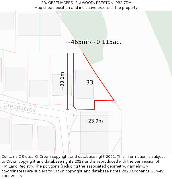 33, GREENACRES, FULWOOD, PRESTON, PR2 7DA: Plot and title map