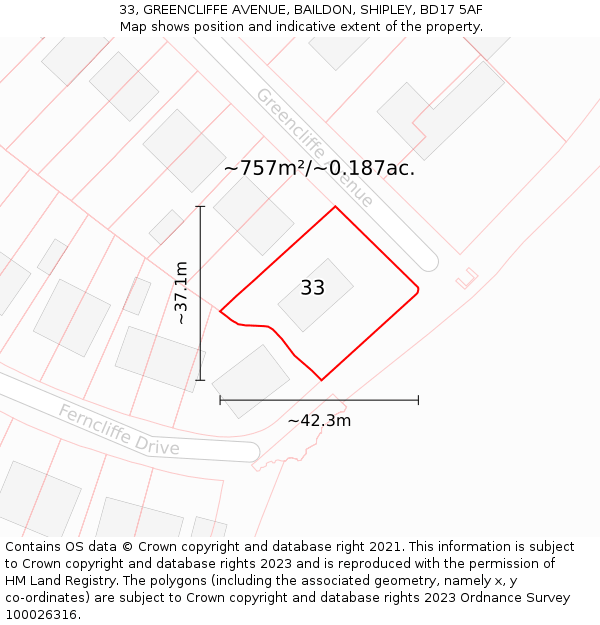 33, GREENCLIFFE AVENUE, BAILDON, SHIPLEY, BD17 5AF: Plot and title map