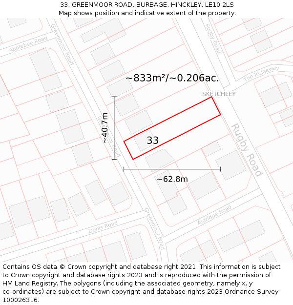 33, GREENMOOR ROAD, BURBAGE, HINCKLEY, LE10 2LS: Plot and title map