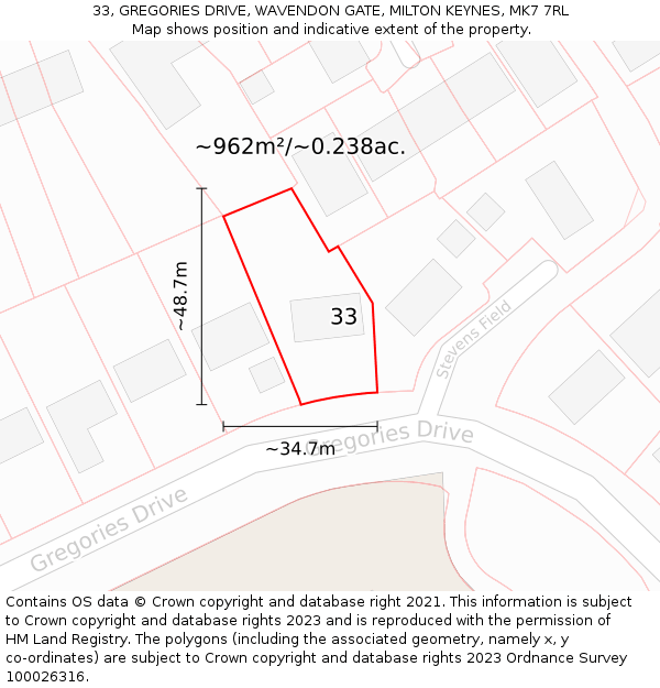 33, GREGORIES DRIVE, WAVENDON GATE, MILTON KEYNES, MK7 7RL: Plot and title map