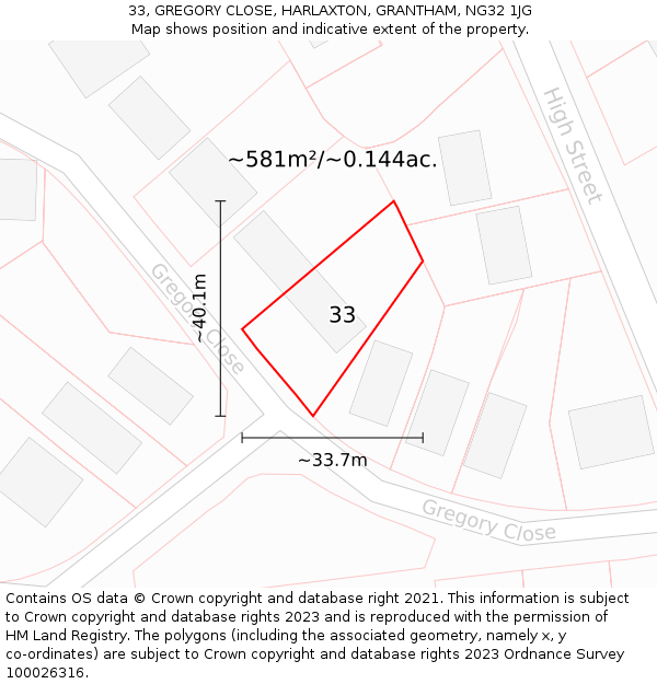 33, GREGORY CLOSE, HARLAXTON, GRANTHAM, NG32 1JG: Plot and title map
