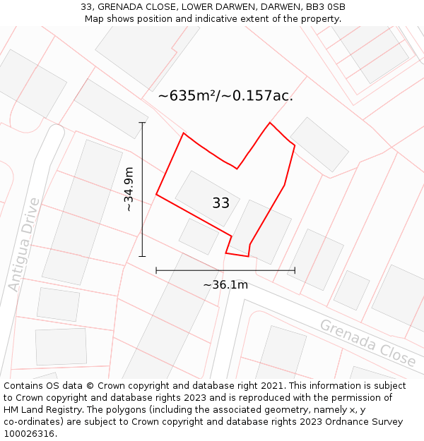 33, GRENADA CLOSE, LOWER DARWEN, DARWEN, BB3 0SB: Plot and title map