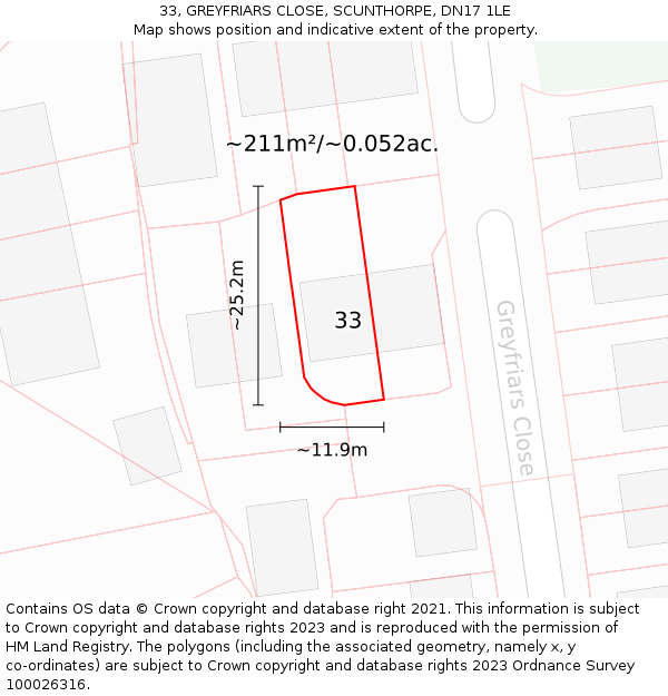 33, GREYFRIARS CLOSE, SCUNTHORPE, DN17 1LE: Plot and title map