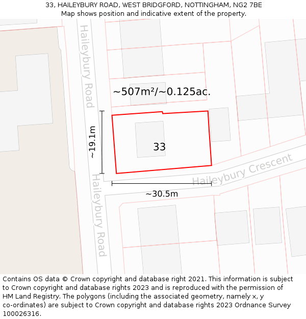 33, HAILEYBURY ROAD, WEST BRIDGFORD, NOTTINGHAM, NG2 7BE: Plot and title map
