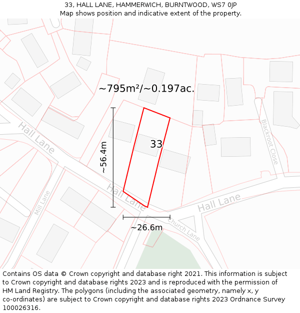 33, HALL LANE, HAMMERWICH, BURNTWOOD, WS7 0JP: Plot and title map