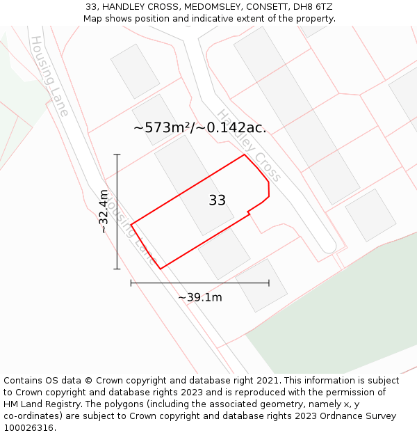 33, HANDLEY CROSS, MEDOMSLEY, CONSETT, DH8 6TZ: Plot and title map