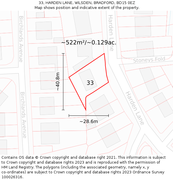 33, HARDEN LANE, WILSDEN, BRADFORD, BD15 0EZ: Plot and title map