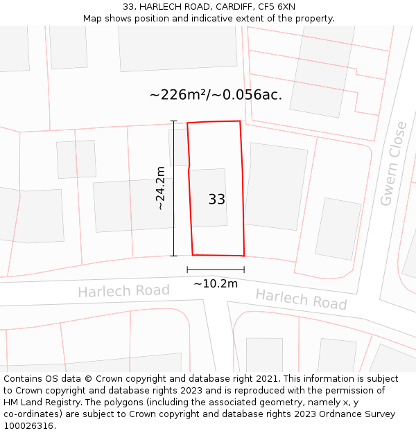 33, HARLECH ROAD, CARDIFF, CF5 6XN: Plot and title map