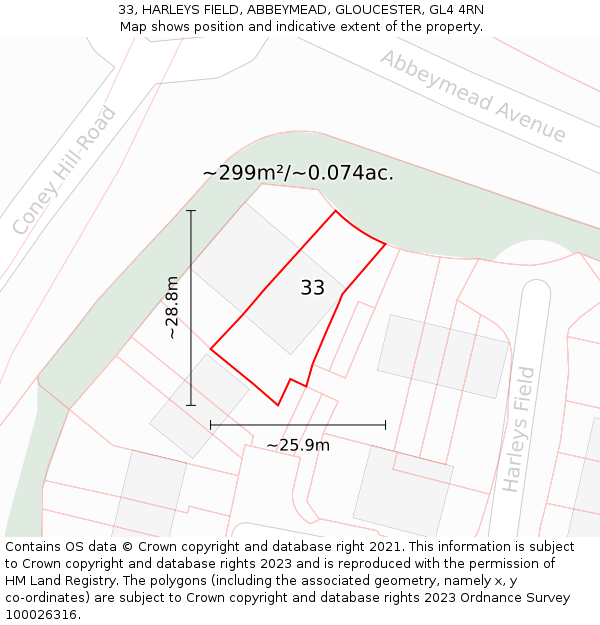 33, HARLEYS FIELD, ABBEYMEAD, GLOUCESTER, GL4 4RN: Plot and title map