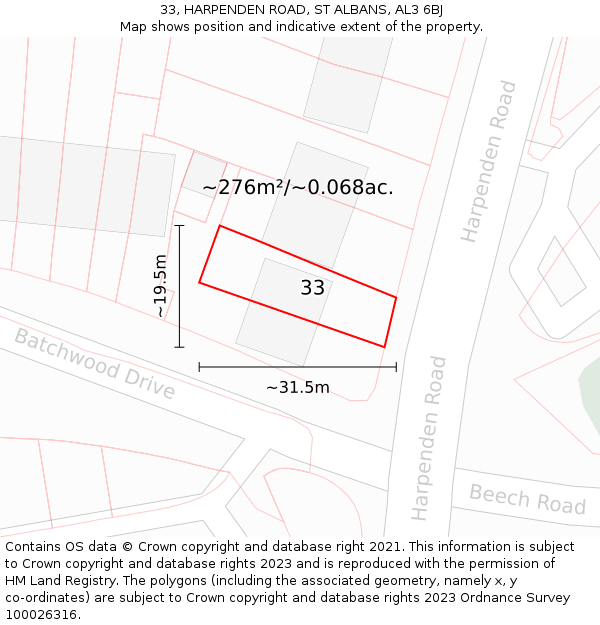 33, HARPENDEN ROAD, ST ALBANS, AL3 6BJ: Plot and title map