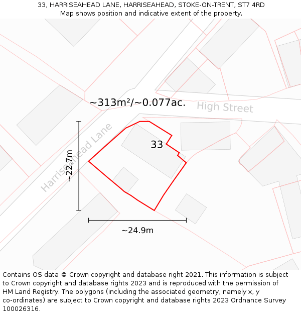 33, HARRISEAHEAD LANE, HARRISEAHEAD, STOKE-ON-TRENT, ST7 4RD: Plot and title map