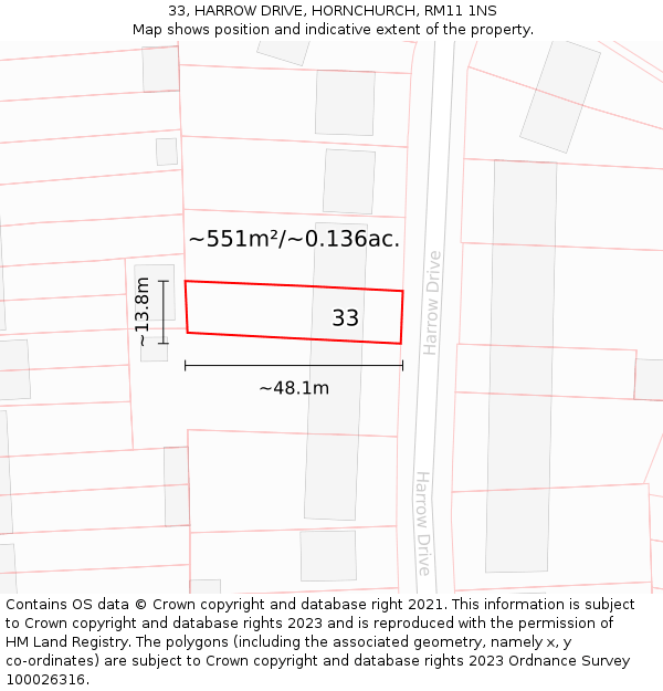 33, HARROW DRIVE, HORNCHURCH, RM11 1NS: Plot and title map