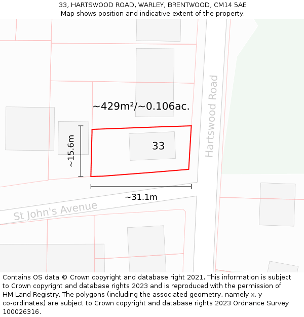 33, HARTSWOOD ROAD, WARLEY, BRENTWOOD, CM14 5AE: Plot and title map