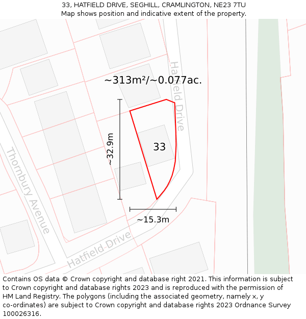 33, HATFIELD DRIVE, SEGHILL, CRAMLINGTON, NE23 7TU: Plot and title map