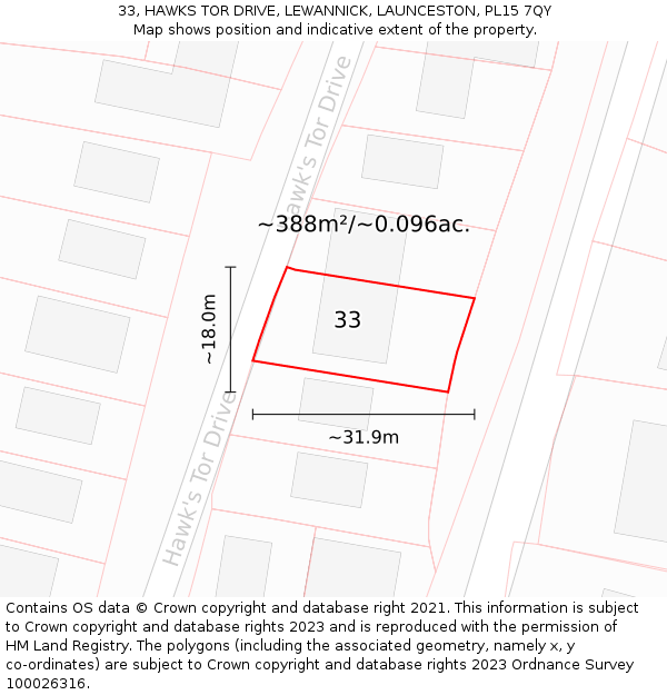 33, HAWKS TOR DRIVE, LEWANNICK, LAUNCESTON, PL15 7QY: Plot and title map