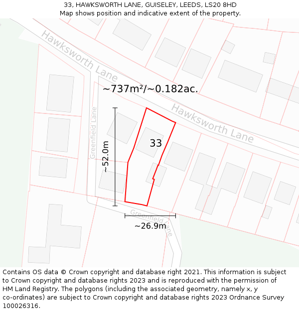 33, HAWKSWORTH LANE, GUISELEY, LEEDS, LS20 8HD: Plot and title map