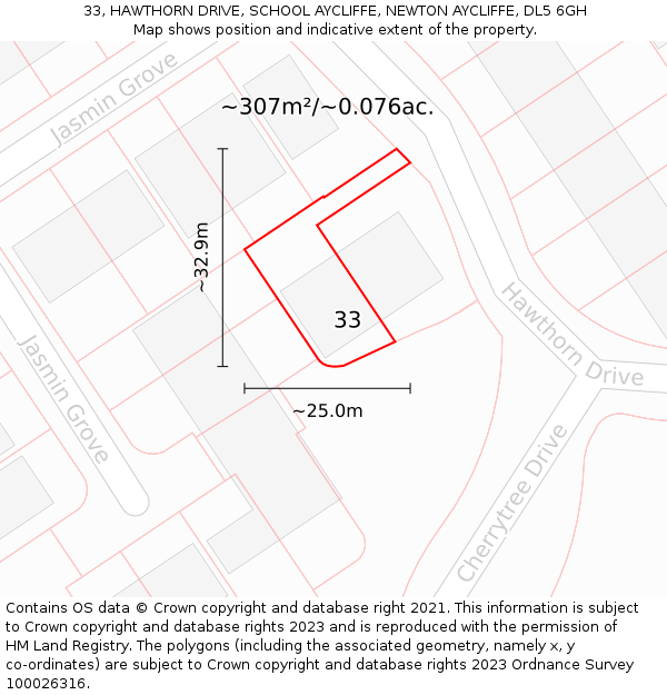 33, HAWTHORN DRIVE, SCHOOL AYCLIFFE, NEWTON AYCLIFFE, DL5 6GH: Plot and title map