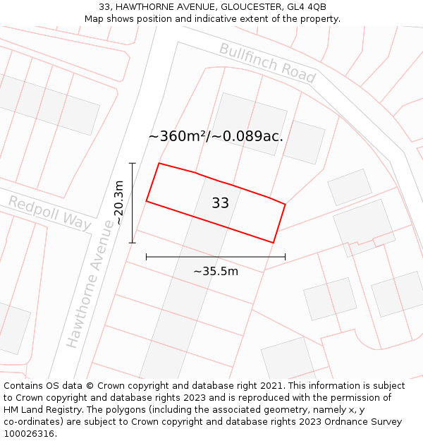 33, HAWTHORNE AVENUE, GLOUCESTER, GL4 4QB: Plot and title map