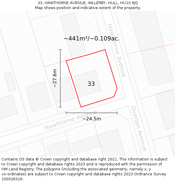 33, HAWTHORNE AVENUE, WILLERBY, HULL, HU10 6JQ: Plot and title map