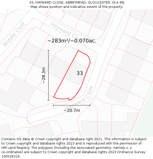 33, HAYWARD CLOSE, ABBEYMEAD, GLOUCESTER, GL4 4RJ: Plot and title map