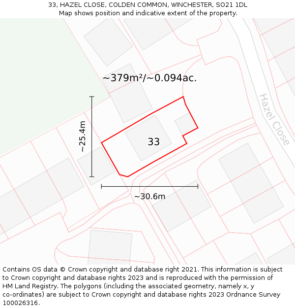 33, HAZEL CLOSE, COLDEN COMMON, WINCHESTER, SO21 1DL: Plot and title map